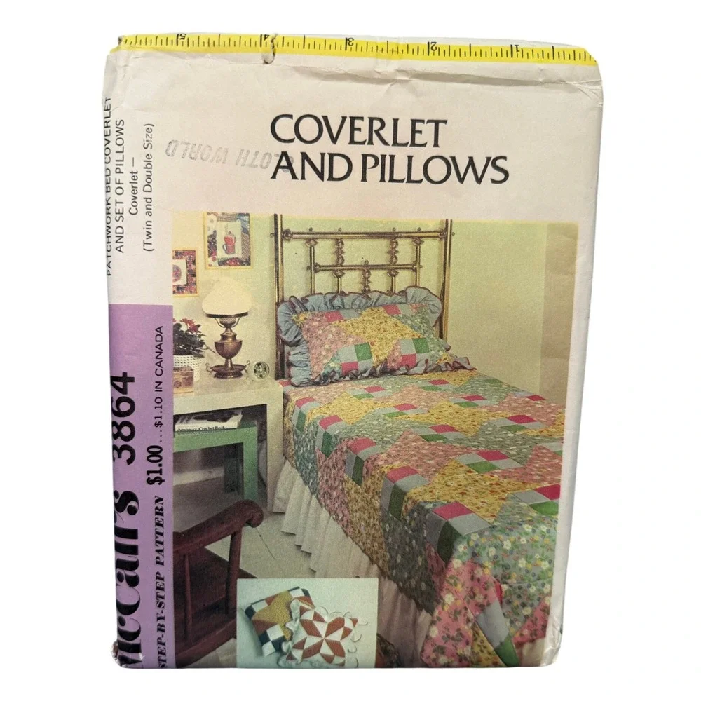 VTG McCall's 3864 Patchwork Bed Coverlet Pillow Pattern Uncut Pillows 70's Craft